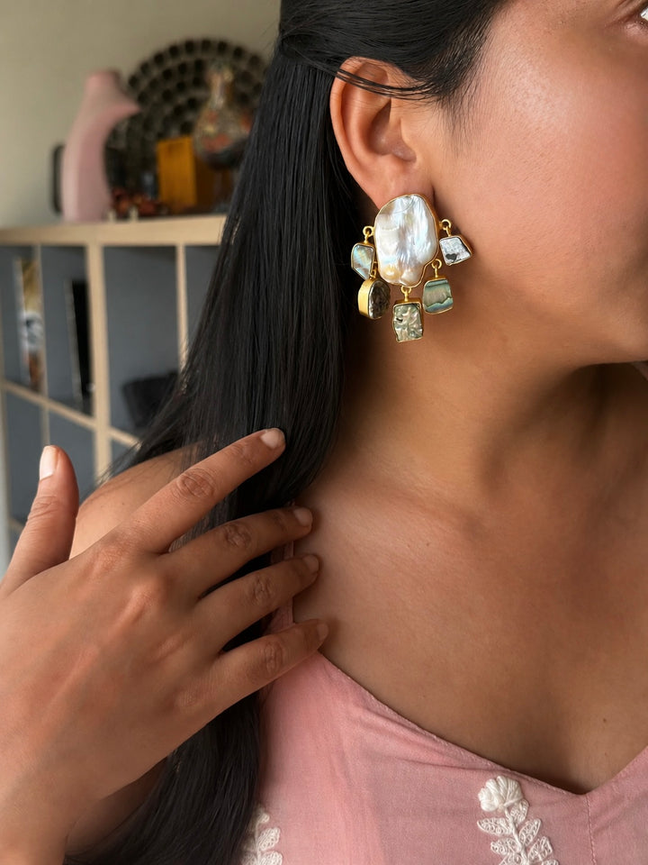 Handmade Brass Earrings with Abalone Shell & Baroque Pearls | Modern Gold Polish Statement Earrings by SHIVKA