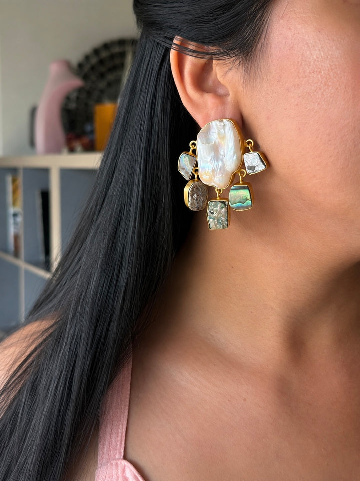 Handmade Brass Earrings with Abalone Shell & Baroque Pearls | Modern Gold Polish Statement Earrings by SHIVKA