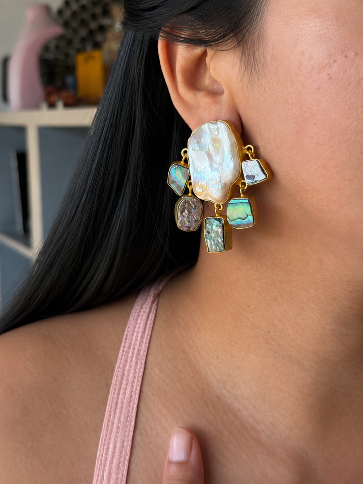 Handmade Brass Earrings with Abalone Shell & Baroque Pearls | Modern Gold Polish Statement Earrings by SHIVKA