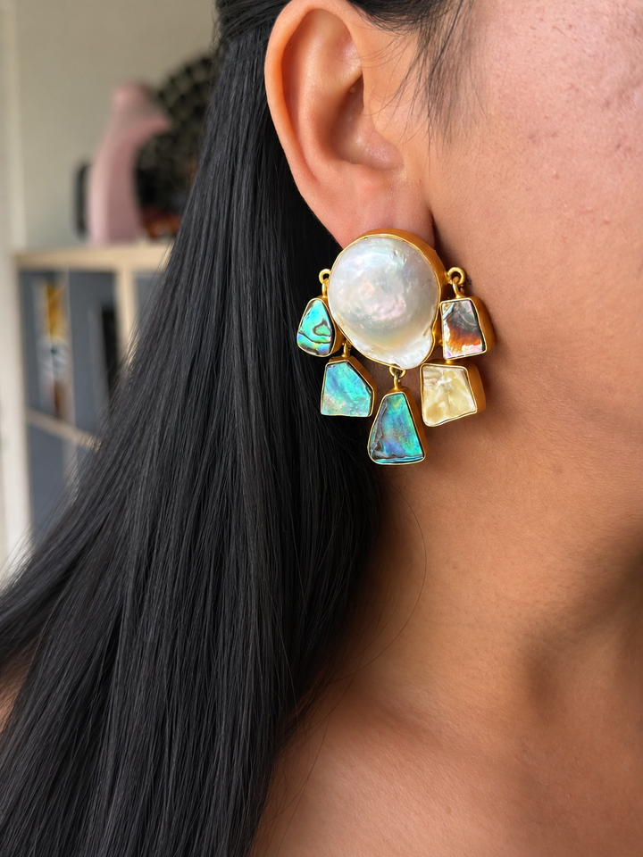 Handmade Brass Earrings with Abalone Shell & Baroque Pearls | Modern Gold Polish Statement Earrings by SHIVKA