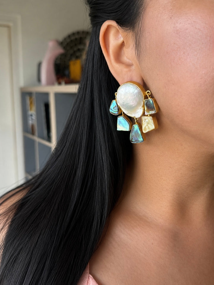 Handmade Brass Earrings with Abalone Shell & Baroque Pearls | Modern Gold Polish Statement Earrings by SHIVKA