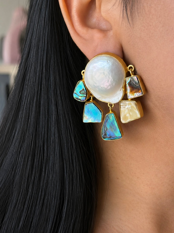 Handmade Brass Earrings with Abalone Shell & Baroque Pearls | Modern Gold Polish Statement Earrings by SHIVKA