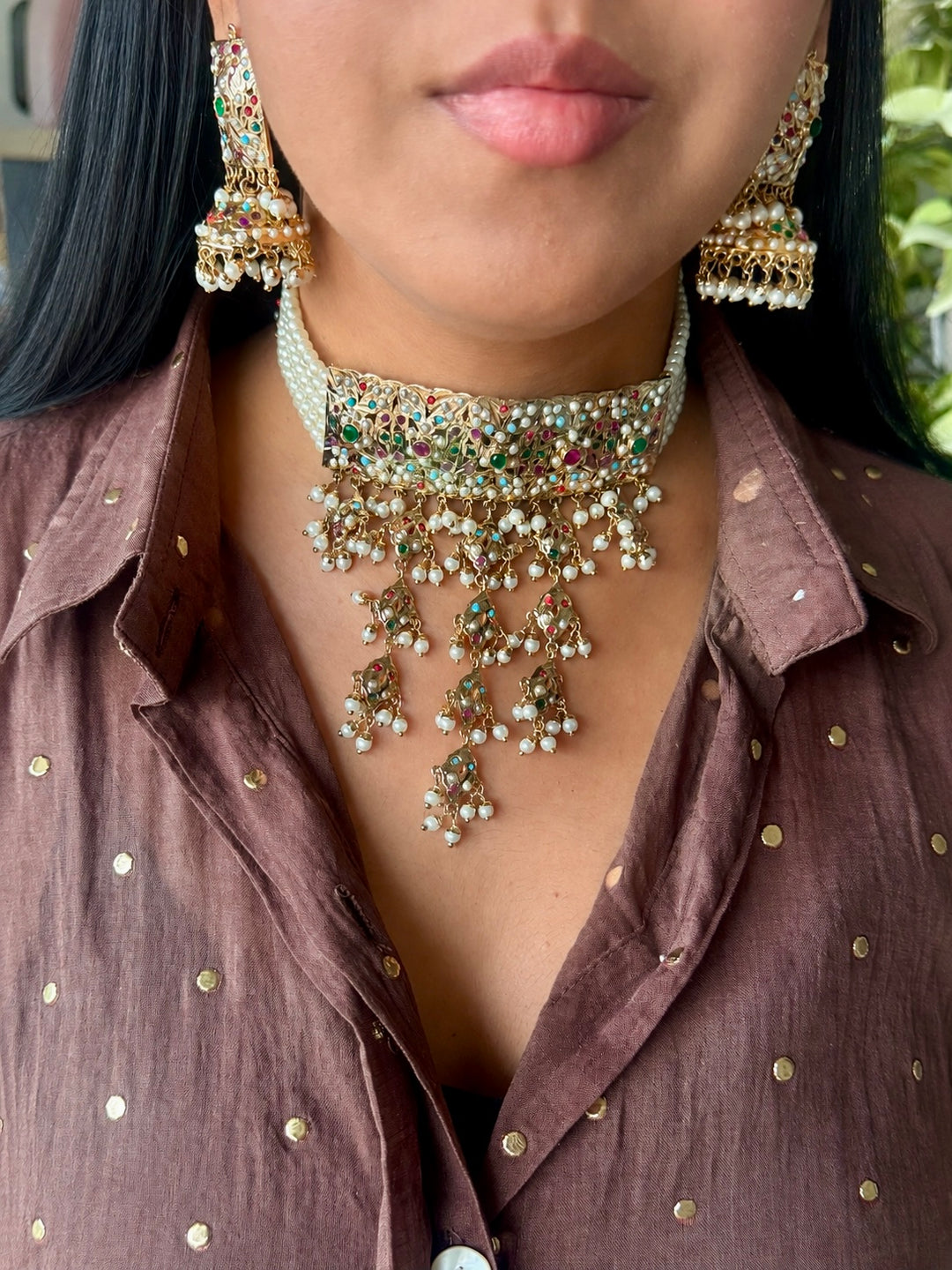 Handmade Jadau Choker Necklace Set 18K Gold Plated | SHIVKA