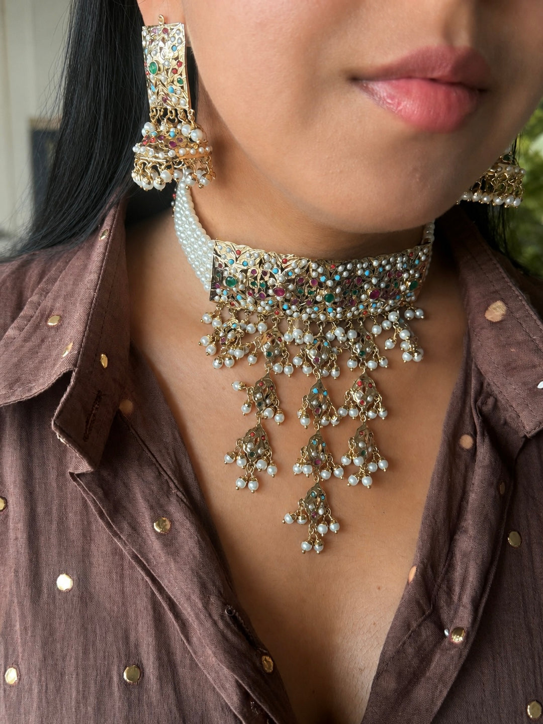Handmade Jadau Choker Necklace Set 18K Gold Plated | SHIVKA