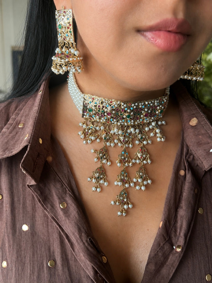 Handmade Jadau Choker Necklace Set 18K Gold Plated | SHIVKA