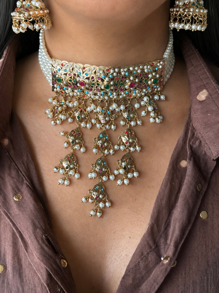 Handmade Jadau Choker Necklace Set 18K Gold Plated | SHIVKA