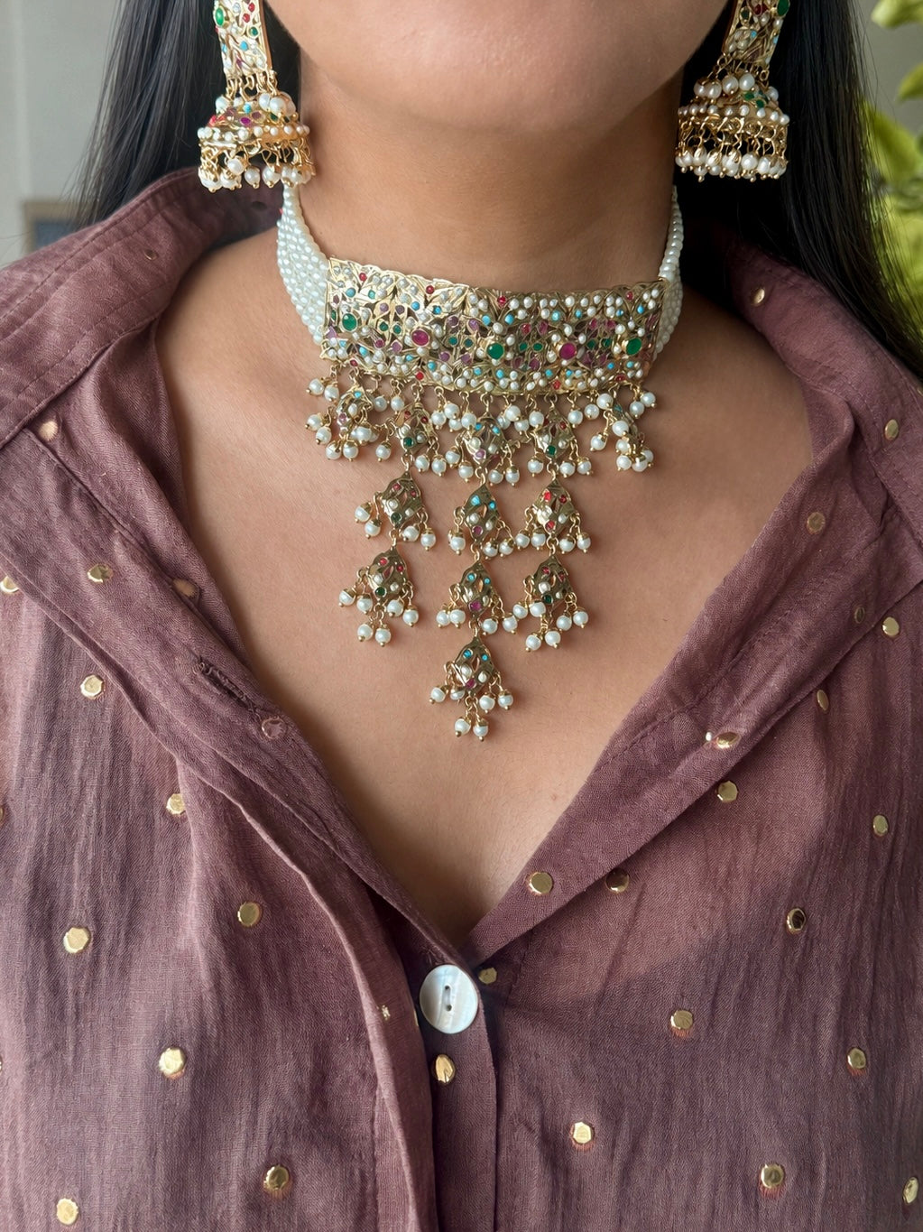 Handmade Jadau Choker Necklace Set 18K Gold Plated | SHIVKA
