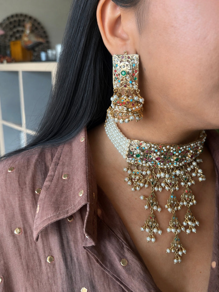 Handmade Jadau Choker Necklace Set 18K Gold Plated | SHIVKA
