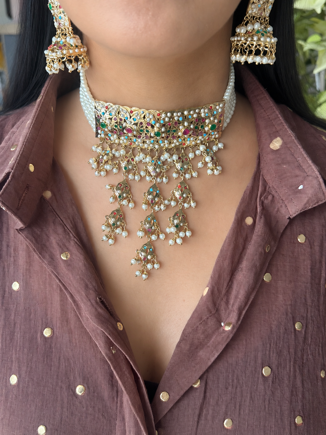 Handmade Jadau Choker Necklace Set 18K Gold Plated | SHIVKA