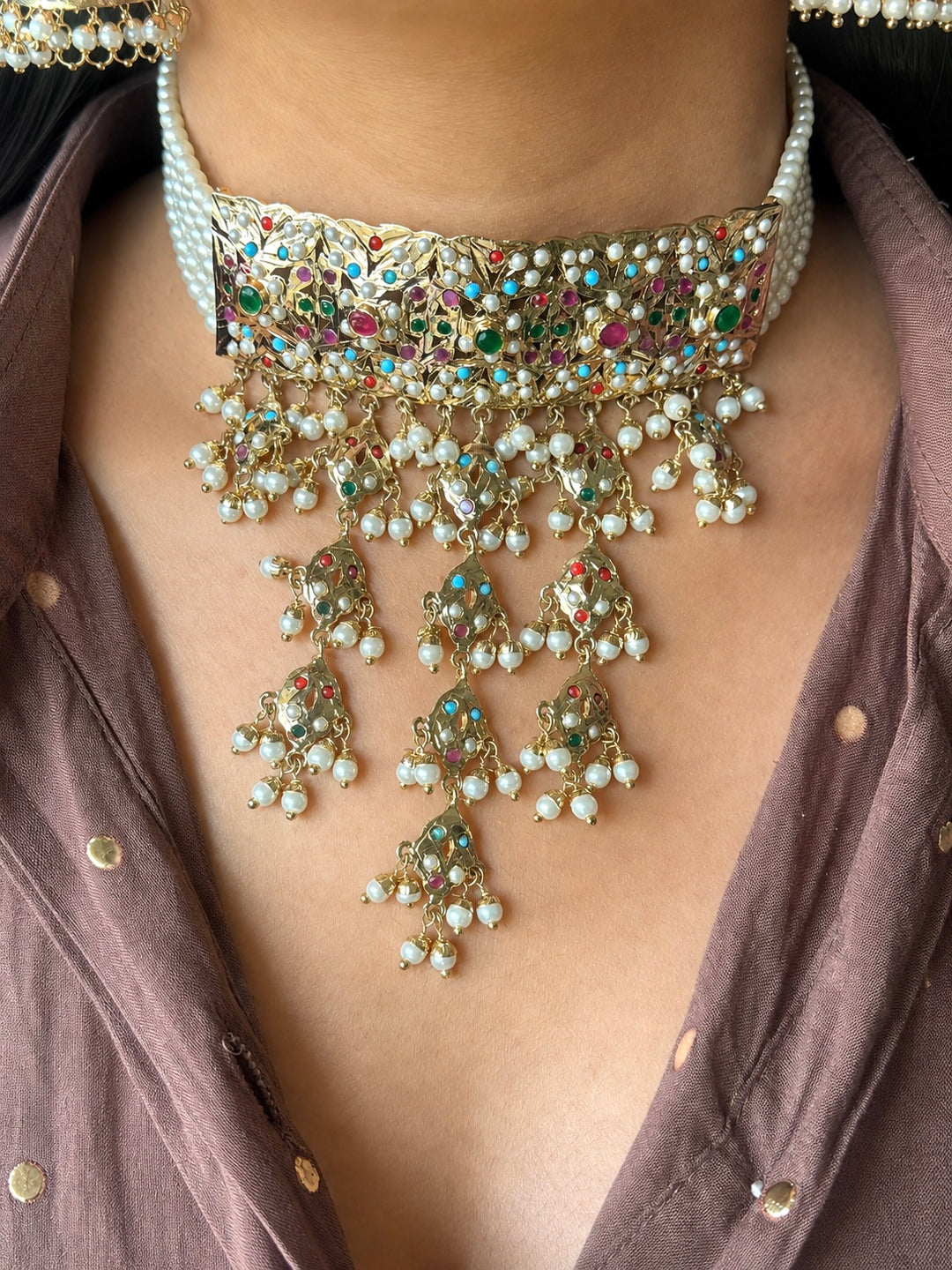 Handmade Jadau Choker Necklace Set 18K Gold Plated | SHIVKA
