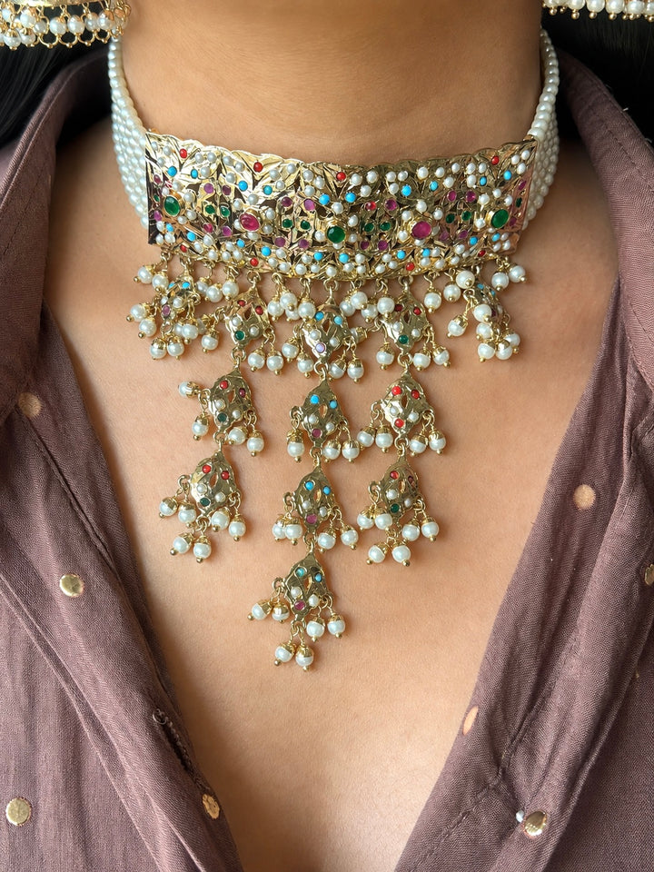 Handmade Jadau Choker Necklace Set 18K Gold Plated | SHIVKA