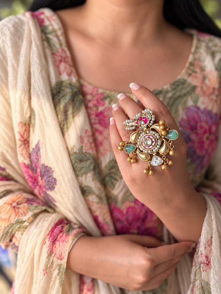 Gold-Tone Bird Motif Ghungroo Haathphool Ring