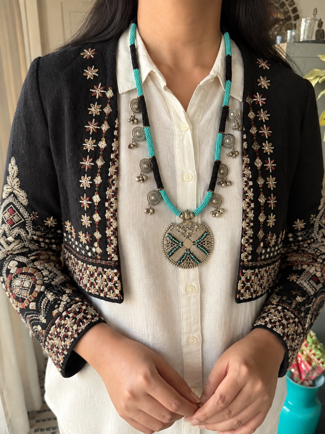 The Zohra Necklace, Black and Turquoise Beaded Tribal Statement Necklace