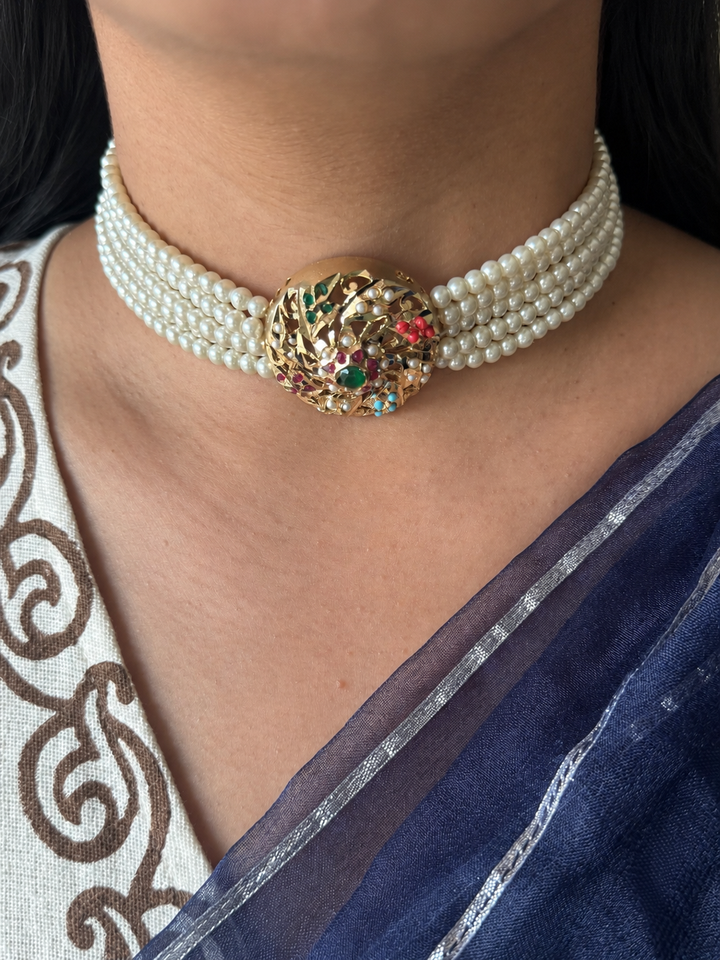 Statement Jadau Choker Necklace Set | 18k Gold Plated | Copper & Semi-Precious Stones