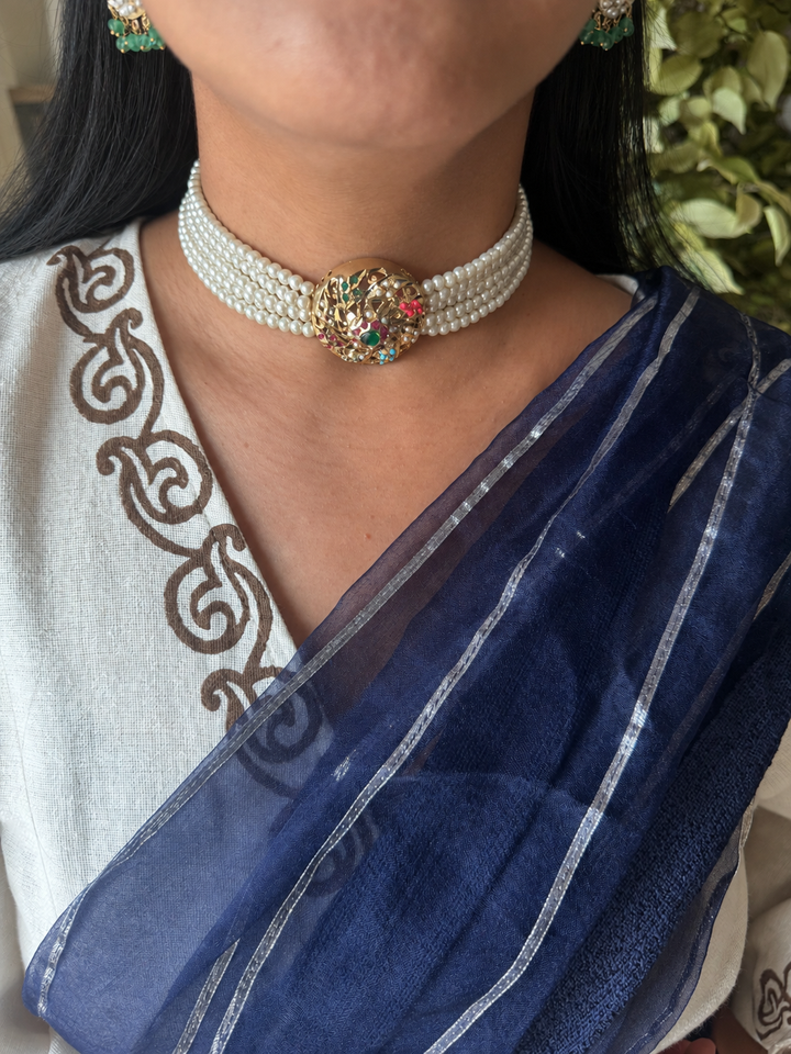 Statement Jadau Choker Necklace Set | 18k Gold Plated | Copper & Semi-Precious Stones