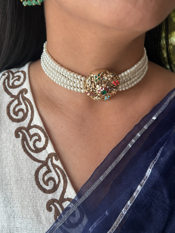 Statement Jadau Choker Necklace Set | 18k Gold Plated | Copper & Semi-Precious Stones