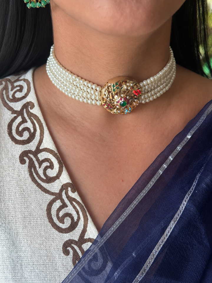Statement Jadau Choker Necklace Set | 18k Gold Plated | Copper & Semi-Precious Stones