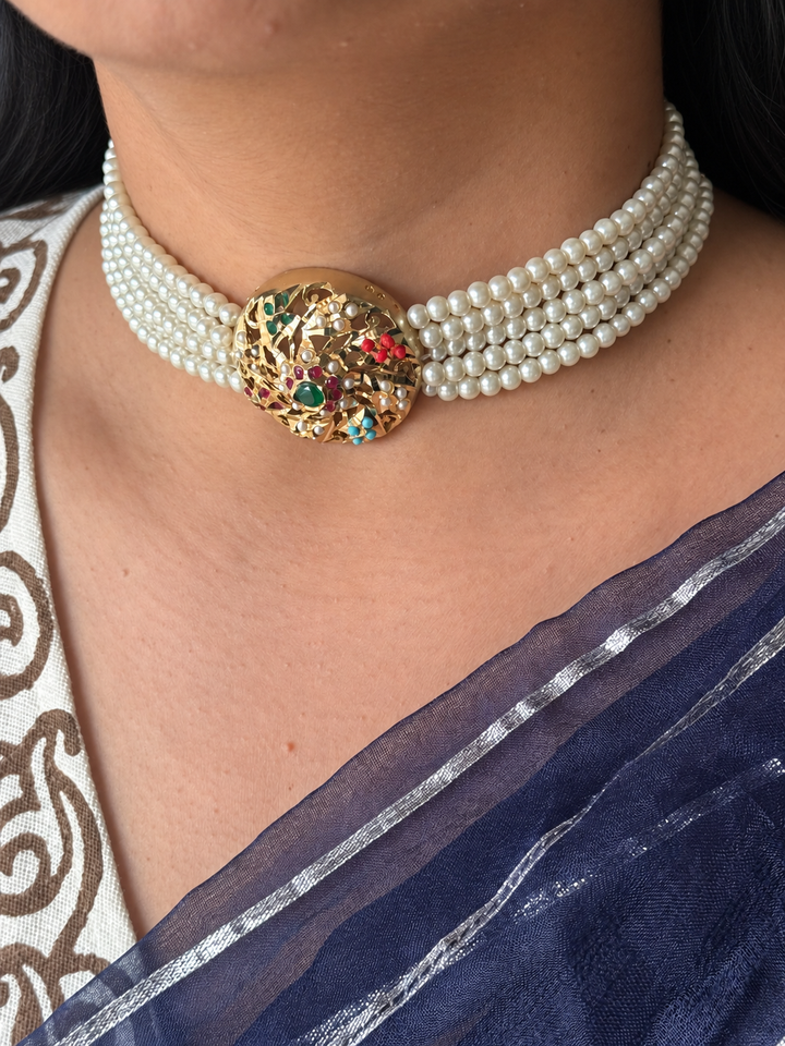 Statement Jadau Choker Necklace Set | 18k Gold Plated | Copper & Semi-Precious Stones