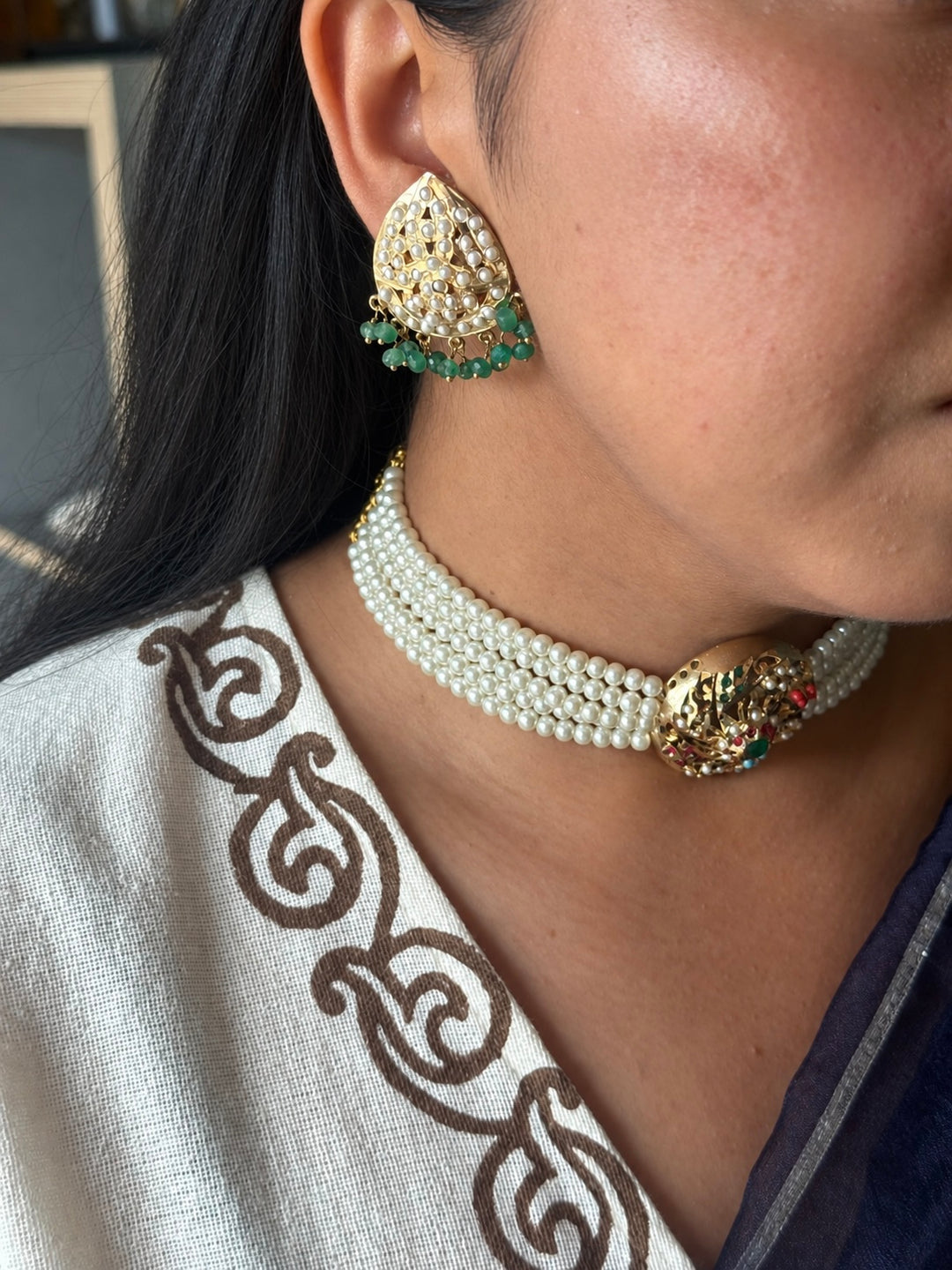 Statement Jadau Choker Necklace Set | 18k Gold Plated | Copper & Semi-Precious Stones