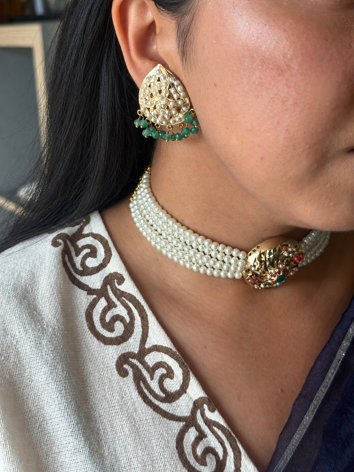 Statement Jadau Choker Necklace Set | 18k Gold Plated | Copper & Semi-Precious Stones