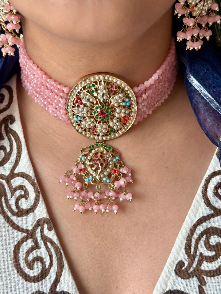 Statement Jadau Choker Necklace Set | 18k Gold Plated | Copper & Semi-Precious Stones