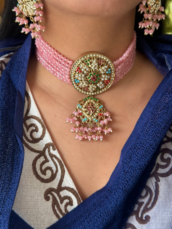 Statement Jadau Choker Necklace Set | 18k Gold Plated | Copper & Semi-Precious Stones
