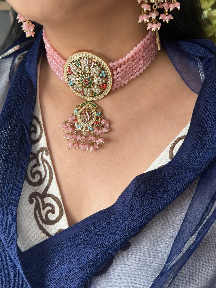 Statement Jadau Choker Necklace Set | 18k Gold Plated | Copper & Semi-Precious Stones
