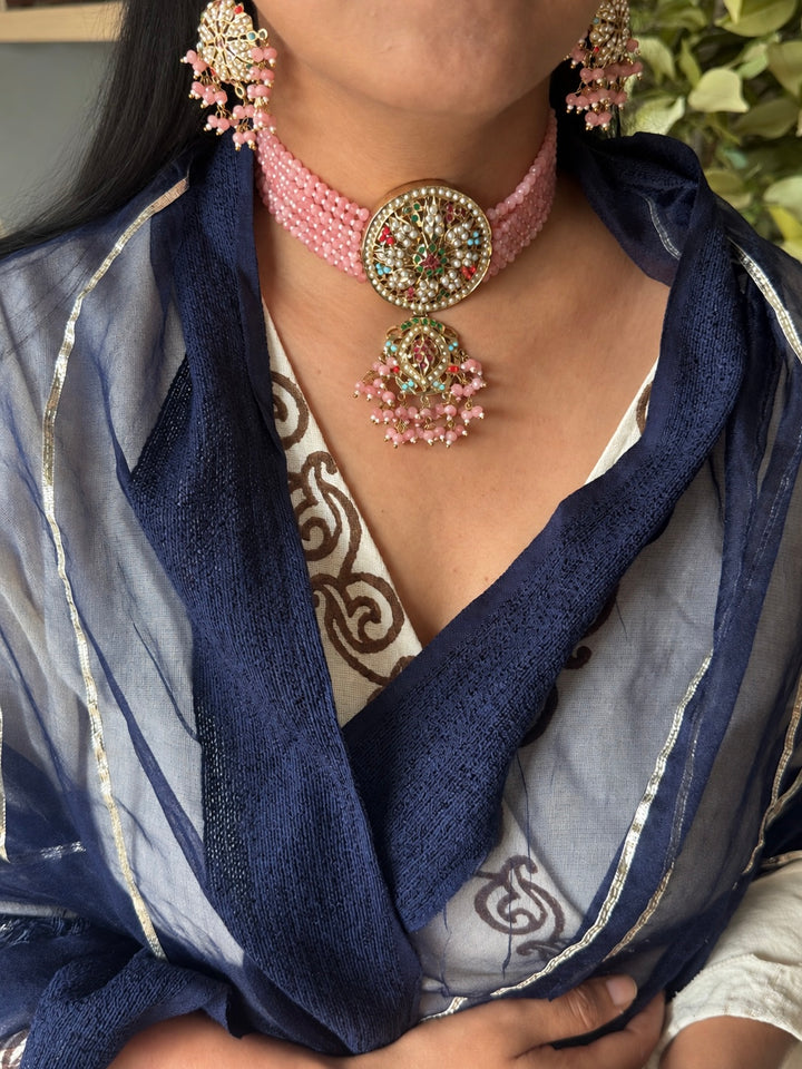Statement Jadau Choker Necklace Set | 18k Gold Plated | Copper & Semi-Precious Stones