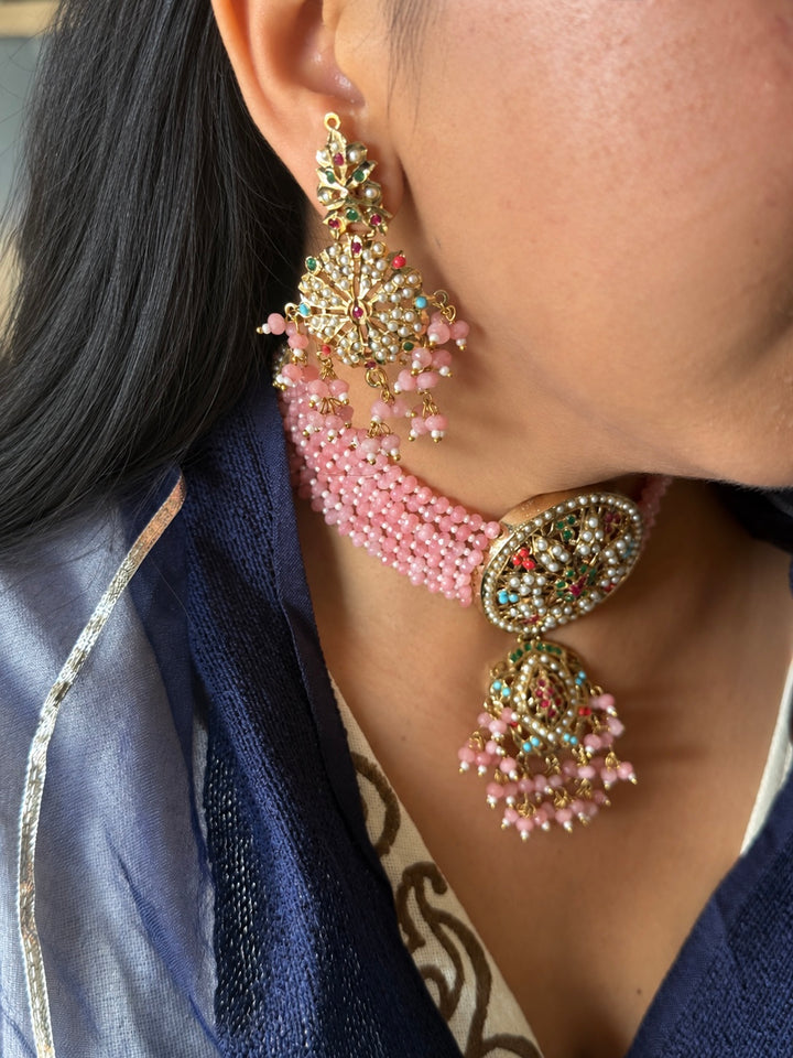 Statement Jadau Choker Necklace Set | 18k Gold Plated | Copper & Semi-Precious Stones