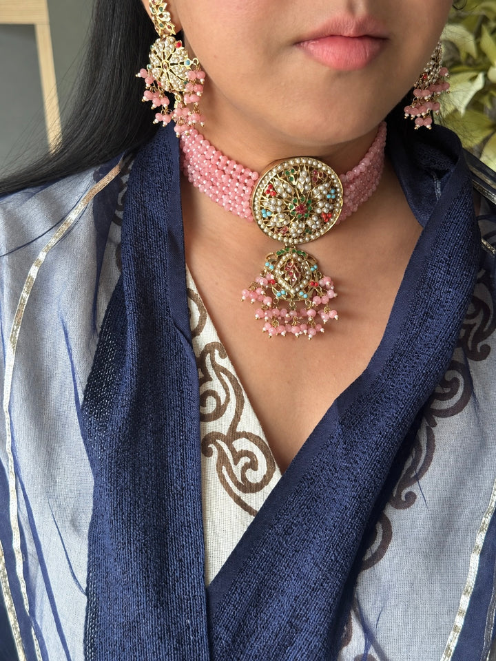 Statement Jadau Choker Necklace Set | 18k Gold Plated | Copper & Semi-Precious Stones