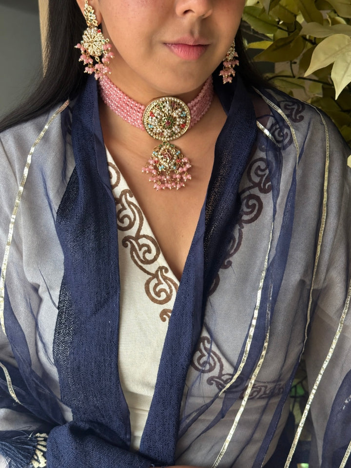 Statement Jadau Choker Necklace Set | 18k Gold Plated | Copper & Semi-Precious Stones