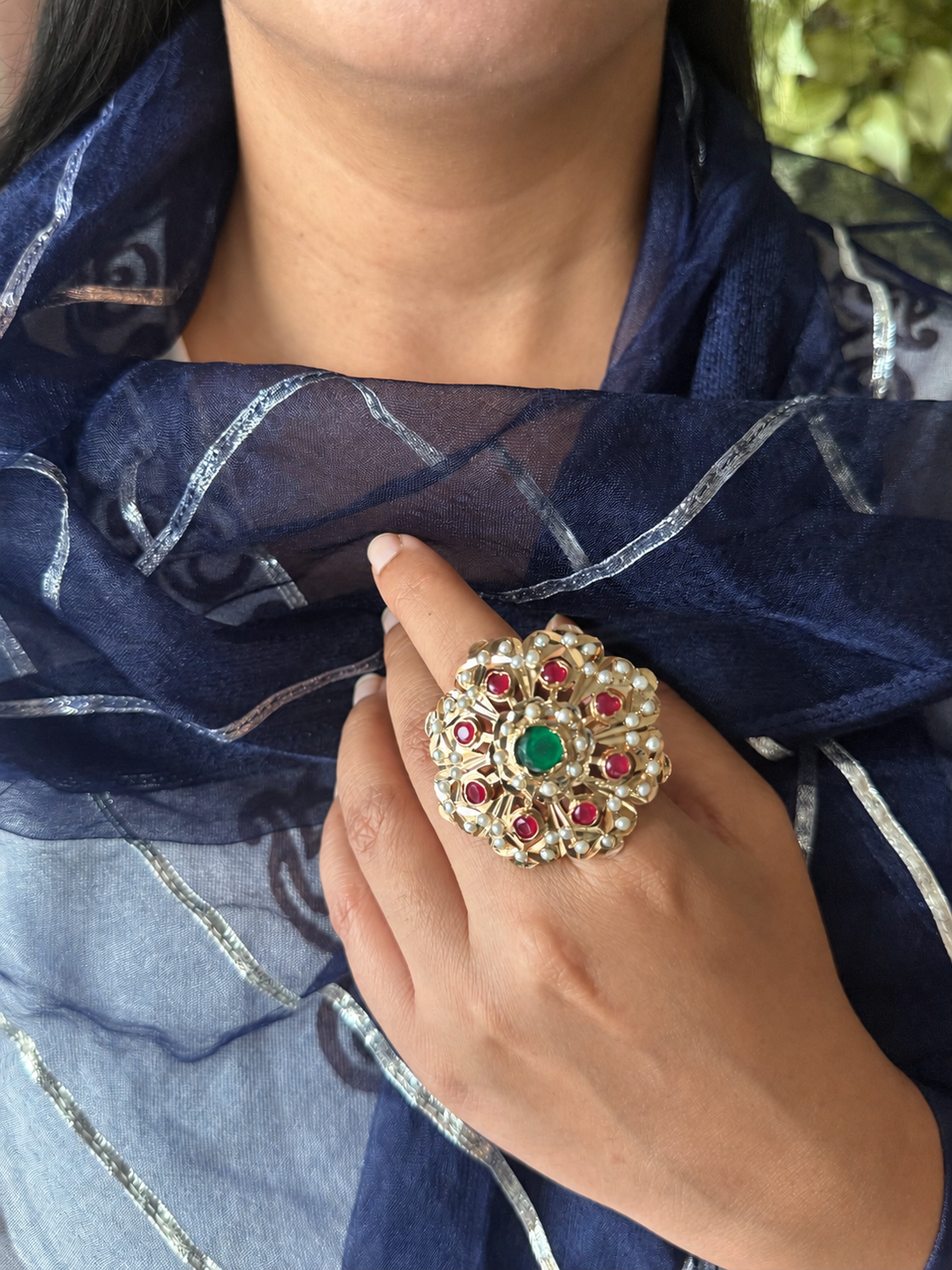 Statement Ruby and Emerald Jadau Ring | 18k Gold Plated | Copper & Semi-Precious Stones