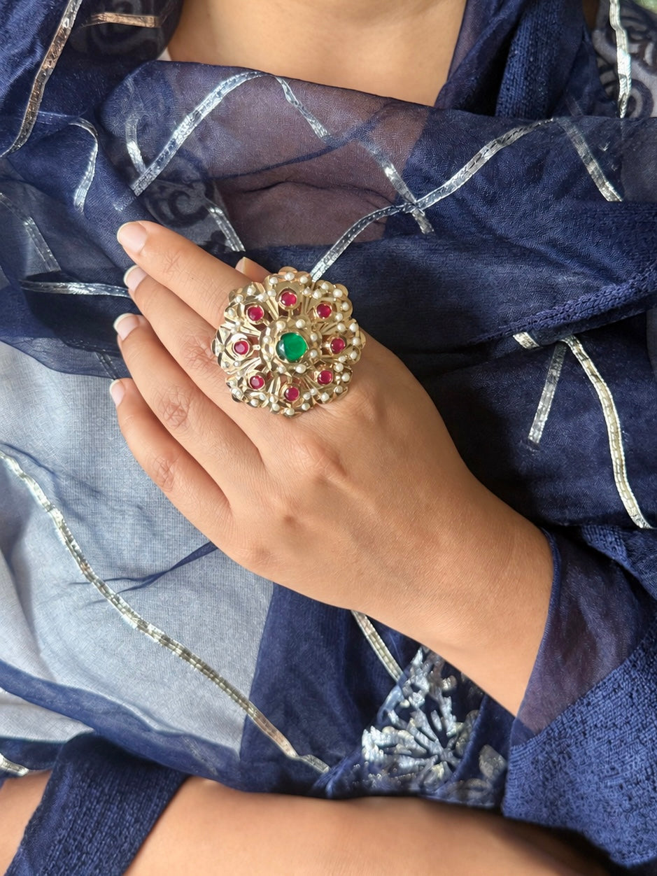 Statement Ruby and Emerald Jadau Ring | 18k Gold Plated | Copper & Semi-Precious Stones