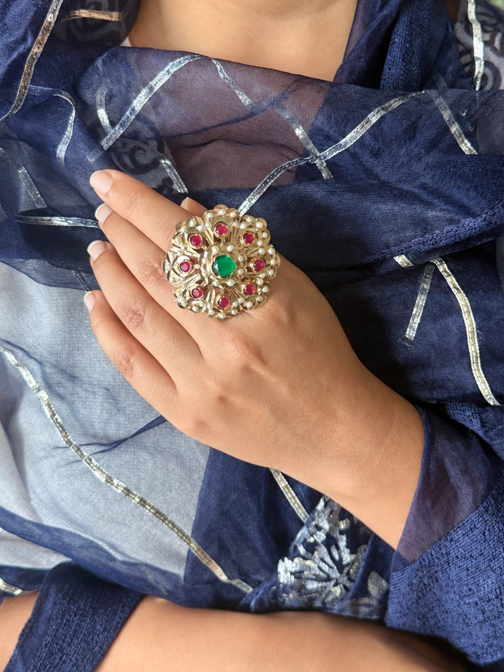 Statement Ruby and Emerald Jadau Ring | 18k Gold Plated | Copper & Semi-Precious Stones