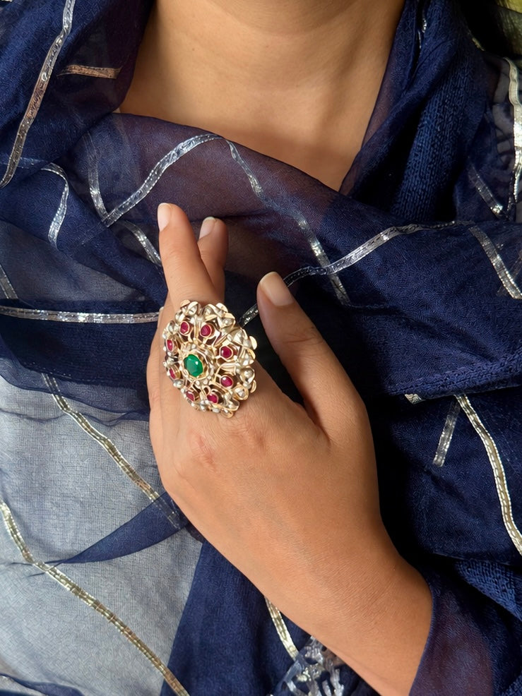 Statement Ruby and Emerald Jadau Ring | 18k Gold Plated | Copper & Semi-Precious Stones