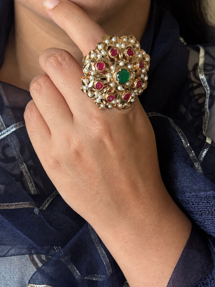 Statement Ruby and Emerald Jadau Ring | 18k Gold Plated | Copper & Semi-Precious Stones