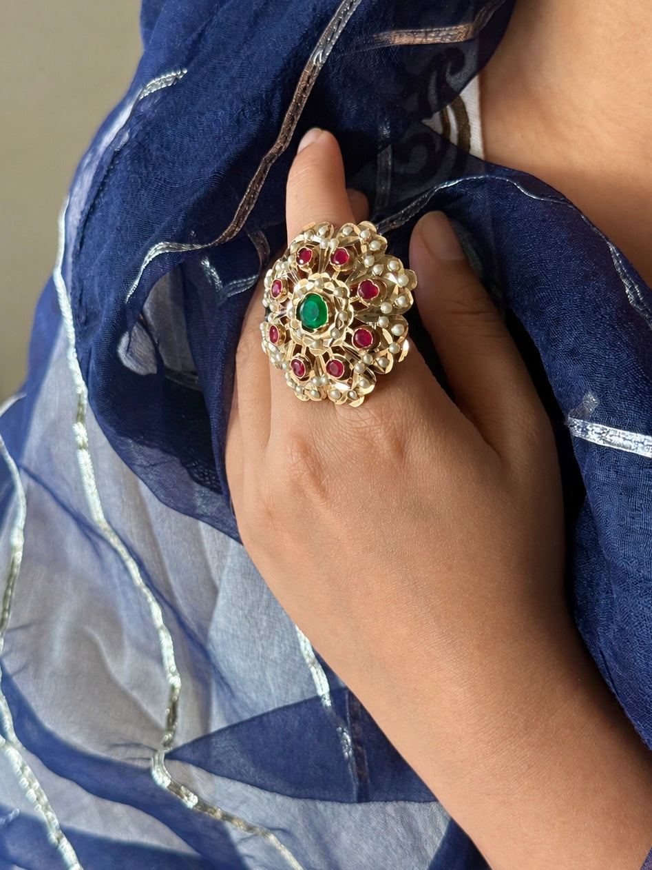Statement Ruby and Emerald Jadau Ring | 18k Gold Plated | Copper & Semi-Precious Stones