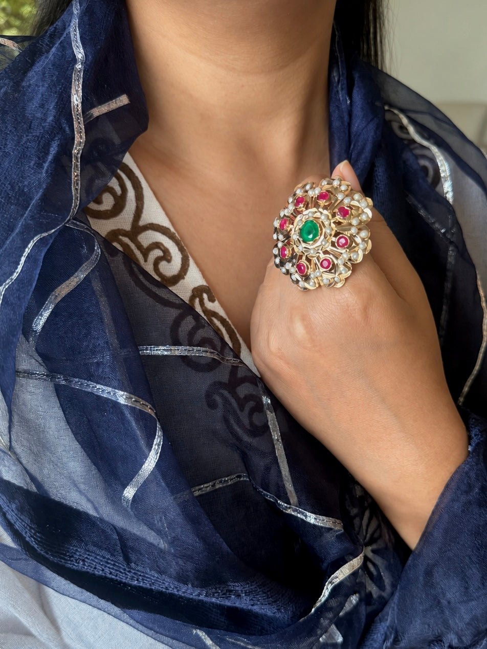 Statement Ruby and Emerald Jadau Ring | 18k Gold Plated | Copper & Semi-Precious Stones