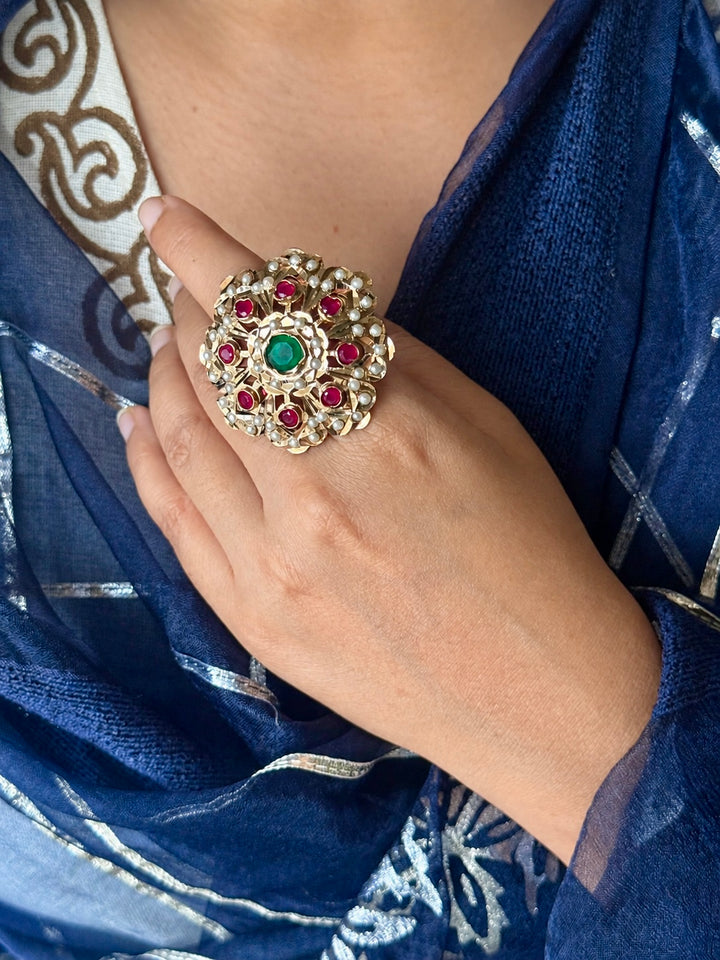 Statement Ruby and Emerald Jadau Ring | 18k Gold Plated | Copper & Semi-Precious Stones