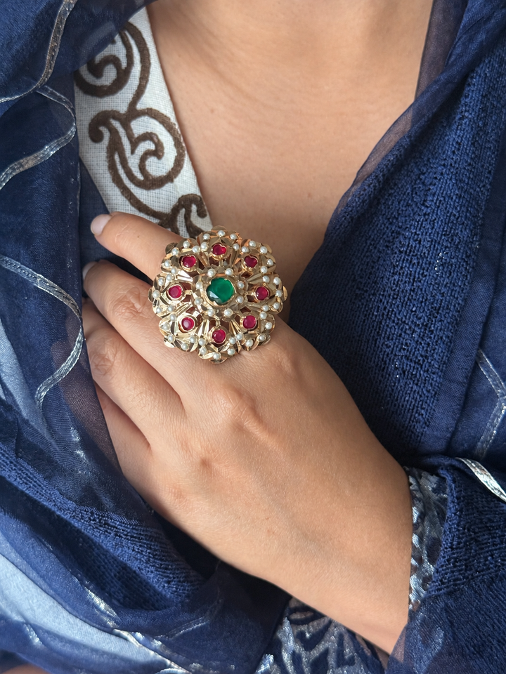 Statement Ruby and Emerald Jadau Ring | 18k Gold Plated | Copper & Semi-Precious Stones