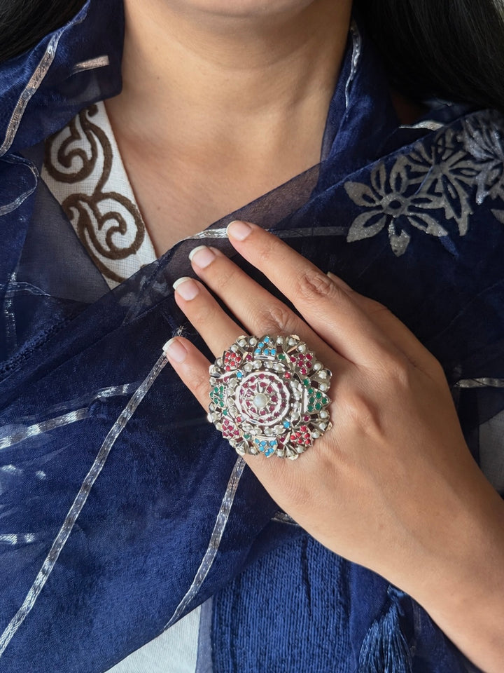 Statement Big Flower Jadau Ring | 18k Gold Plated | Copper & Semi-Precious Stones