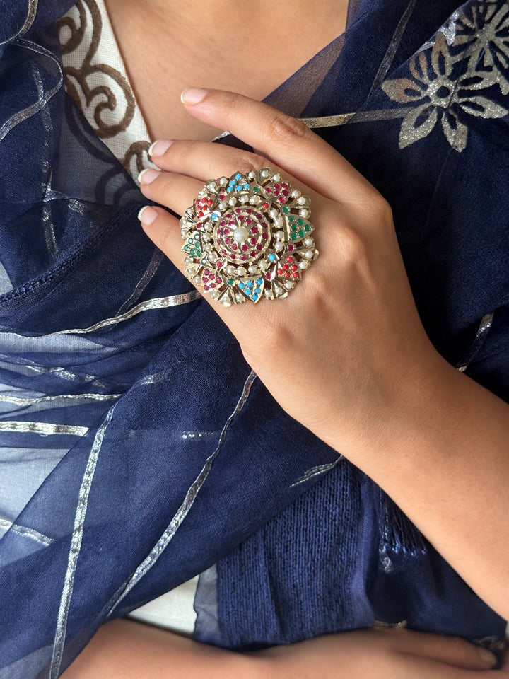 Statement Big Flower Jadau Ring | 18k Gold Plated | Copper & Semi-Precious Stones