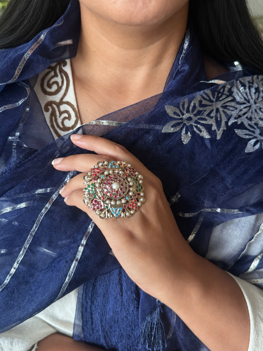 Statement Big Flower Jadau Ring | 18k Gold Plated | Copper & Semi-Precious Stones