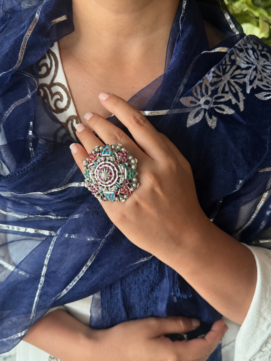 Statement Big Flower Jadau Ring | 18k Gold Plated | Copper & Semi-Precious Stones