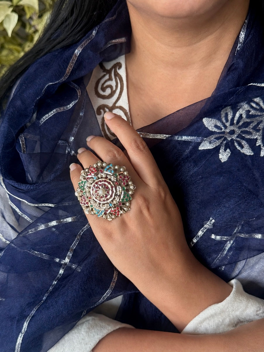 Statement Big Flower Jadau Ring | 18k Gold Plated | Copper & Semi-Precious Stones