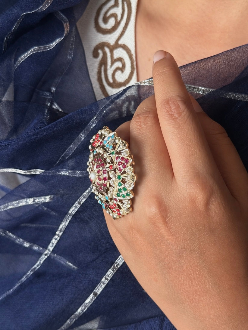 Statement Big Flower Jadau Ring | 18k Gold Plated | Copper & Semi-Precious Stones
