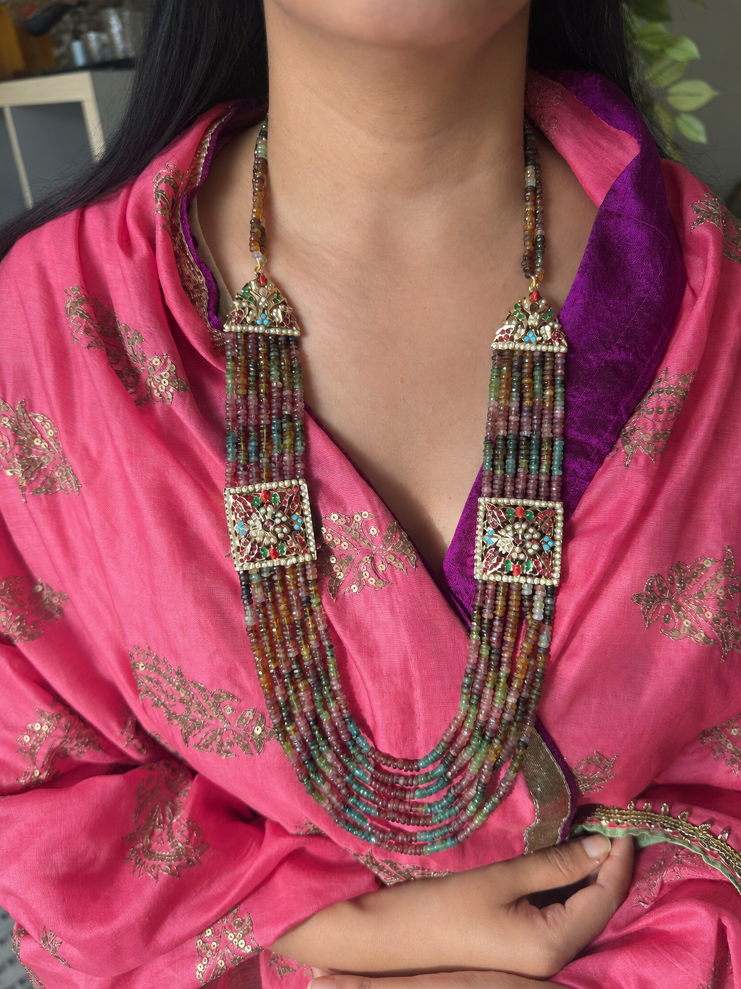 Handmade Jadau Tourmaline Necklace Set 18K Gold Plated | SHIVKA