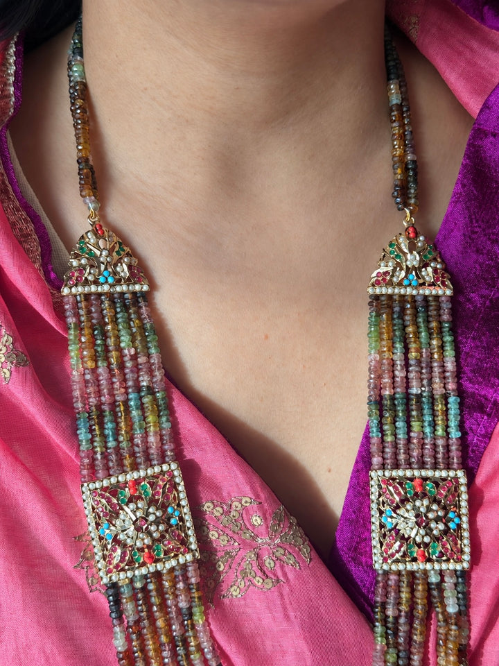 Handmade Jadau Tourmaline Necklace Set 18K Gold Plated | SHIVKA