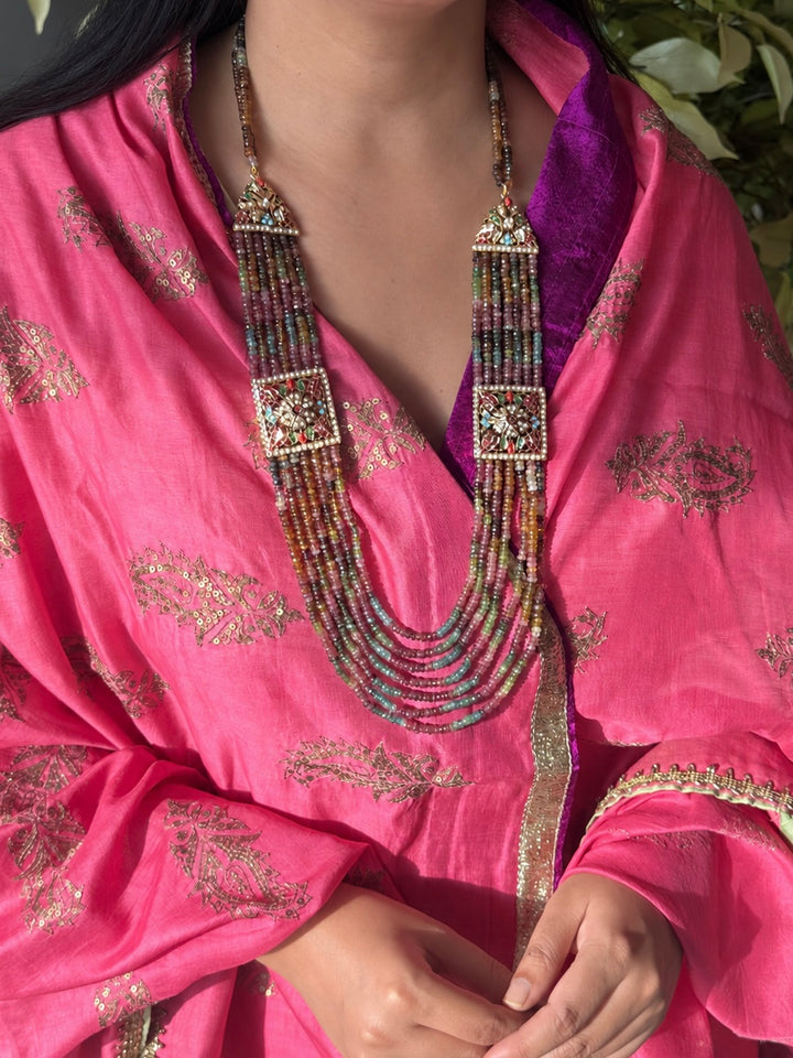 Handmade Jadau Tourmaline Necklace Set 18K Gold Plated | SHIVKA