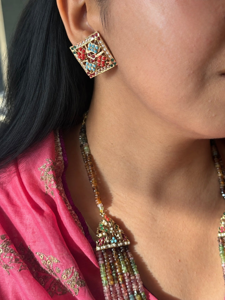 Handmade Jadau Tourmaline Necklace Set 18K Gold Plated | SHIVKA